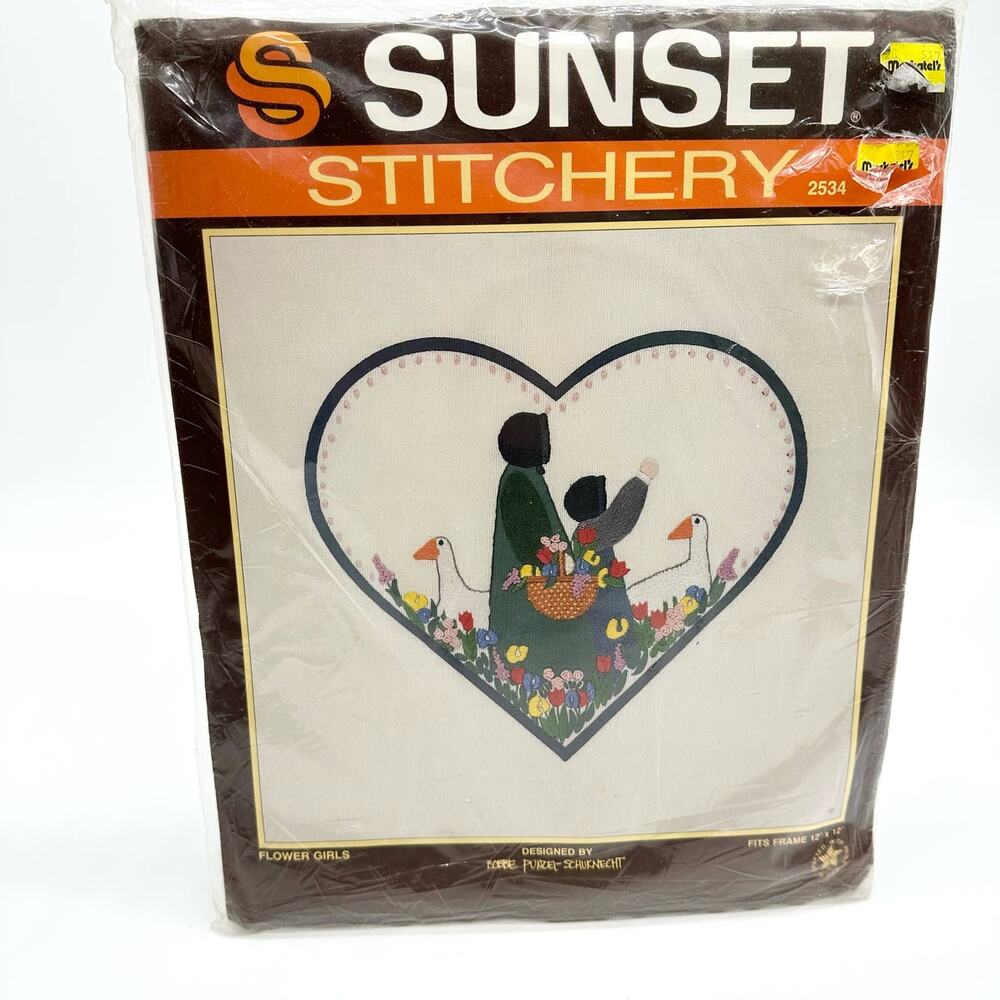 Sunset‎ Stitchery Flower Girls Goose #2534 Embroidery Kit New Complete Vtg1986